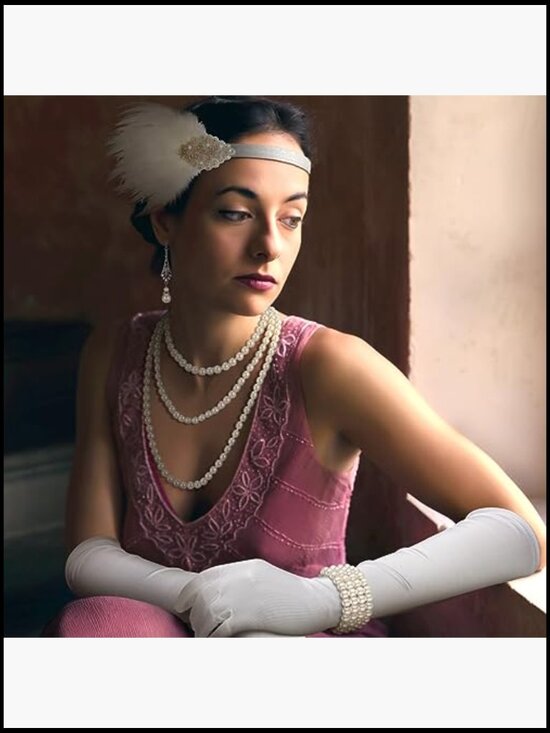 1920s Flapper Accessory Set Feather Headband Pearl Necklace Bracelet Earrings main image 6